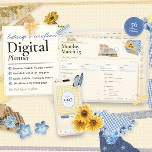 May include: A digital planner interface displayed on a tablet and smartphone screen, featuring a buttercup and cornflower theme. The layout includes text, date fields, goal trackers, and decorative floral stickers, with a blue circular badge stating 56 stickers included.