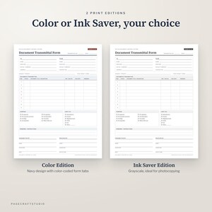 Puede incluir: Dos plantillas de formulario de transmisi&oacute;n de documentos tituladas 2 Print Editions: Color or Ink Saver, your choice. El formulario de la izquierda presenta detalles en azul marino, mientras que el de la derecha est&aacute; en escala de grises.
