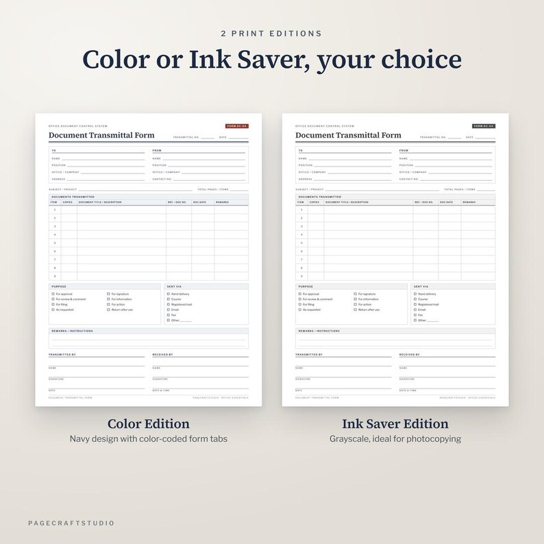 Puede incluir: Dos plantillas de formulario de transmisi&oacute;n de documentos tituladas 2 Print Editions: Color or Ink Saver, your choice. El formulario de la izquierda presenta detalles en azul marino, mientras que el de la derecha est&aacute; en escala de grises.