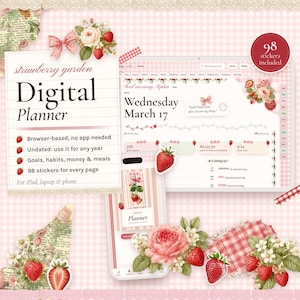 May include: A digital planner set featuring a strawberry garden theme with a tablet and phone display. The interface shows a calendar, goal tracking, and text reading "strawberry garden Digital Planner". Includes 98 stickers with roses and strawberries on a pink gingham background.