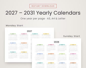 Puede incluir: Un conjunto de calendarios anuales 2027-2031 para descarga digital con un año por página en tamaños A3, A4 y Letter. El diseño incluye opciones de inicio en lunes o domingo, con cada mes resaltado por un encabezado rectangular de colores.
