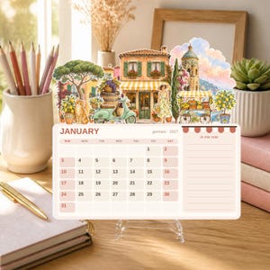 Tischkalender „Little Street Italy 2027“, druckbarer, gestanzter Stapelkalender, Zitronendekor der Amalfiküste, Monatsplaner „Italienische Straße“ (PNG)