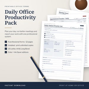 Peut inclure: Un pack de productivité de bureau quotidien comprenant des formulaires imprimables tels qu'une liste de tâches et priorités, un suivi de rendez-vous et des notes de réunion. Neuf formulaires professionnels avec texte bleu foncé sur papier blanc.