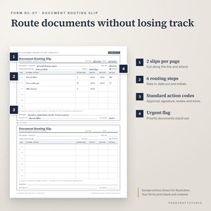 Puede incluir: Un formulario de hoja de ruta de documentos etiquetado como Form DC-07, que presenta dos plantillas id&eacute;nticas por p&aacute;gina. El formulario incluye campos para el asunto, remitente, oficina, n&uacute;mero, fecha y una tabla para seis pasos de ruta.