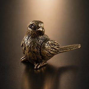 May include: A small, antique-style brass bird figurine featuring detailed, textured feather carvings across its body, a pointed beak, and a long, slender tail. The metal surface displays a dark, weathered patina with golden highlights.
