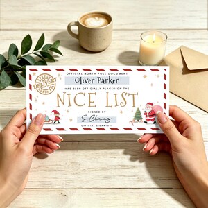 Personalized "Nice List" Certificate with Name,Official Santa Claus Certification,Surprise Christmas Gift for Kids