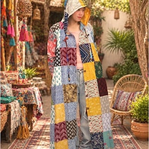 Boho Patchwork Hooded Maxi Coat | Handmade Tie Dye Long Cardigan | Hippie Festival Jacket | Boho Kimono Robe | Free Size Cotton