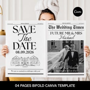 Può includere: Un modello di annuncio di matrimonio pieghevole intitolato The Wedding Times, che presenta un Save The Date per il 08.09.2026, un disegno al tratto di una villa e una foto in bianco e nero di una coppia con il testo Olivia & Michael Begin Their Journey.