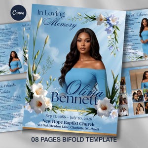 Puede incluir: Una plantilla de programa funerario plegable de 8 páginas con fondo de cielo azul claro, nubes blancas, lirios blancos y el retrato de una persona con una blusa azul de hombros descubiertos. El texto incluye In Loving Memory, Olivia Bennett y fechas.