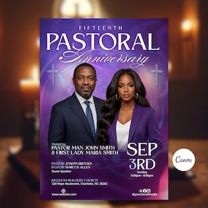 May include: A purple event flyer for a Fifteenth Pastoral Anniversary featuring a man in a suit and a woman in a purple blazer. Text includes Pastor John Smith, First Lady Maria Smith, Pastor Joseph Brooks, Pastor Marcus Allen, and Sep 3rd.