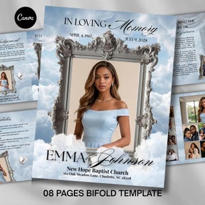 Plantilla de programa funerario azul / Obituario de celebración de la vida de 8 páginas, folleto conmemorativo (descarga digital)