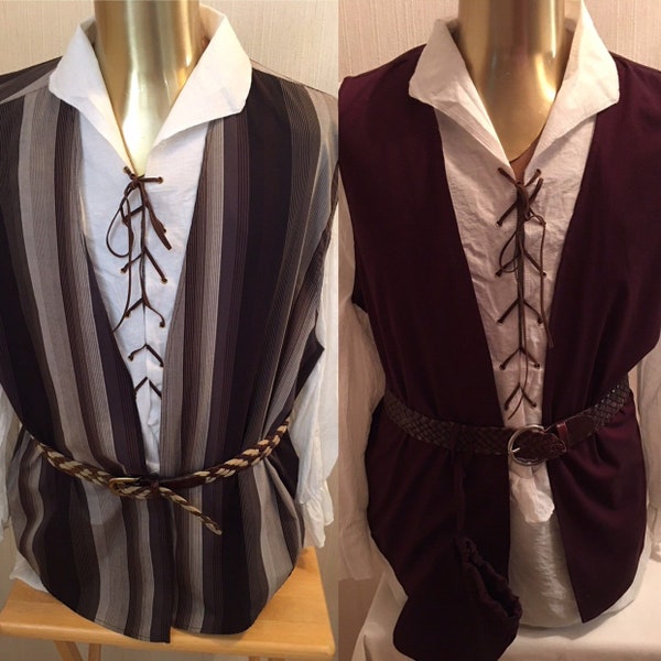 PIRATE VEST set - Two men's up-cycled cotton Renaissance, pirate, buccaneer, LARP, costume vest  w/drawstring bag