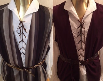 PIRATE VEST set - Two men's up-cycled cotton Renaissance, pirate, buccaneer, LARP, costume vest  w/drawstring bag