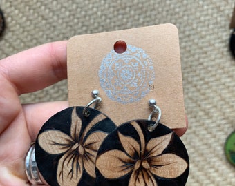 OOAK Free Shipping! Woodburned Earrings ~ Wood Circle Drop Earrings Boho Style