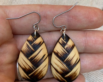 OOAK Free Shipping! Woodburned Earrings ~ Wood Circle Drop Earrings Boho Style