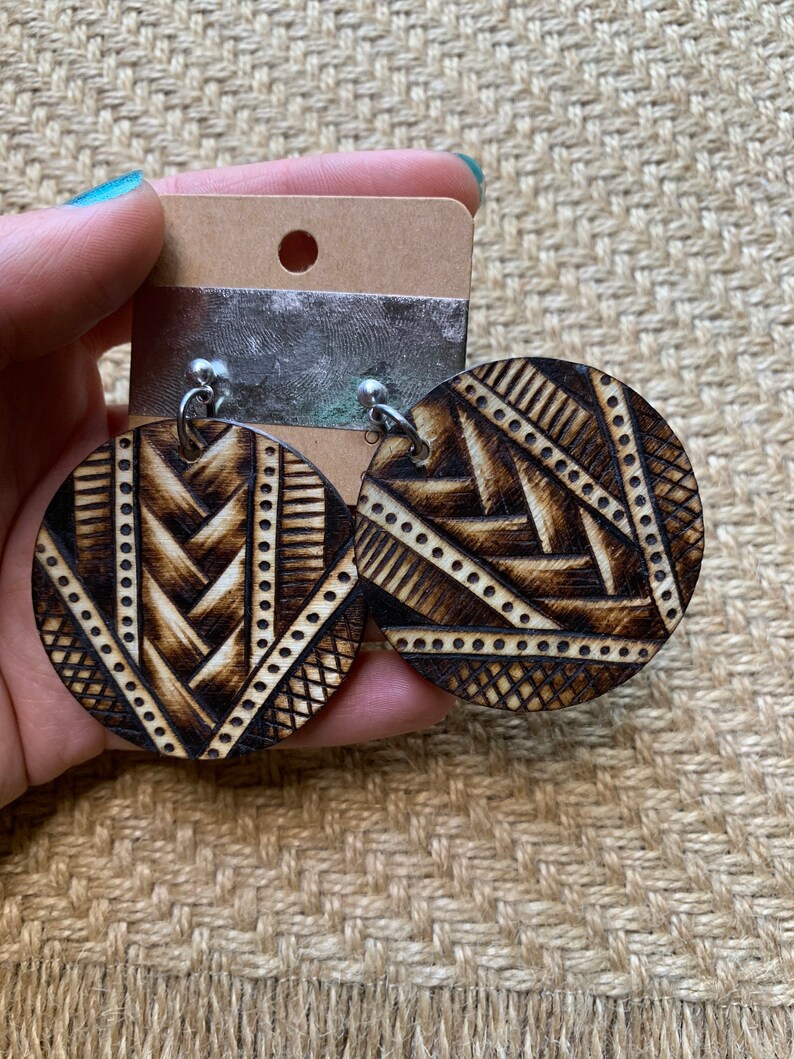 OOAK Free Shipping! Woodburned Earrings ~ Wood Circle Drop Earrings Boho Style