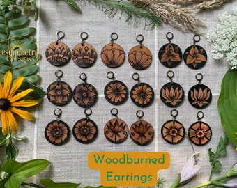 Wood Circle Earrings Woodburned Drop Lightweight Simple Dangle Wooden Earrings Boho Nature Inspired Casual Floral Lotus Trillium Flowers