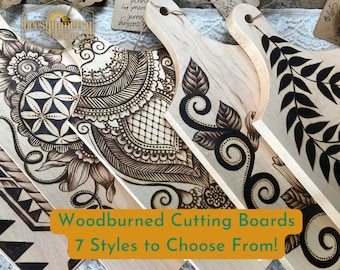 Houten snijplanken Maple Woodburned Houten Serveren Charcuterie Hostess Gift Keuken Decor Hout Botanische Bloemen Vines Mandala Plants Board