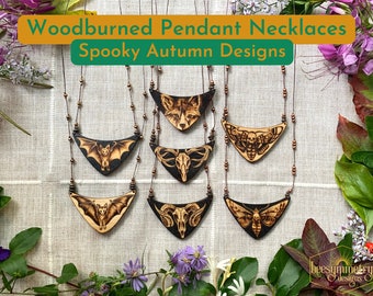 Spooky Necklaces~ Woodburned Pendants with Bats, Deaths Head Moths, Animal Skull designs, Wooden Jewelry with Copper Beads, Brown Linen Cord