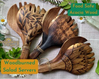 Woodburned Salad Servers, Acacia Wood Salad Scoops, Dark brown wooden Large Tongs with botanical floral geometric designs