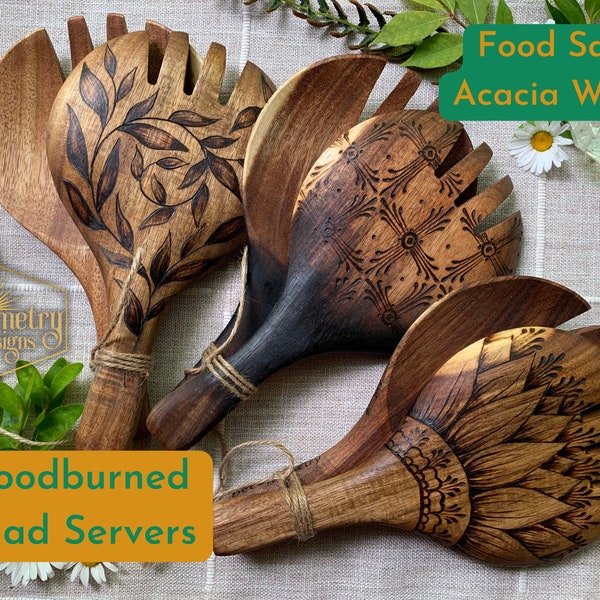 Woodburned Salad Servers, Acacia Wood Salad Scoops, Dark brown wooden Large Tongs with botanical floral geometric designs