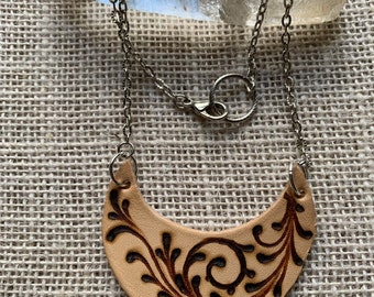 Leather Crescent Pendant necklace on A Silver Chain~ burned Pyrography on leather handmade jewelry