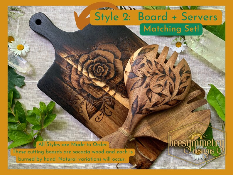 Holzgebrannte Schneidebretter, passendes Servierset, Salatbesteck aus Akazienholz und Charcuterie Board mit botanischen Blumenmandala-Designs Style 2 Matching Set