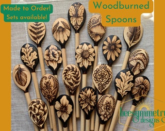 Woodburned Spoons - Nature designs, food safe wood wooden spoons for kitchen cooking cook handmade gifts housewarming matching sets