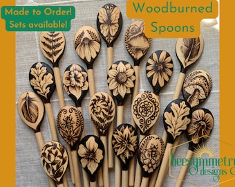 Woodburned Spoons - Nature designs, food safe wood wooden spoons for kitchen cooking cook handmade gifts housewarming matching sets