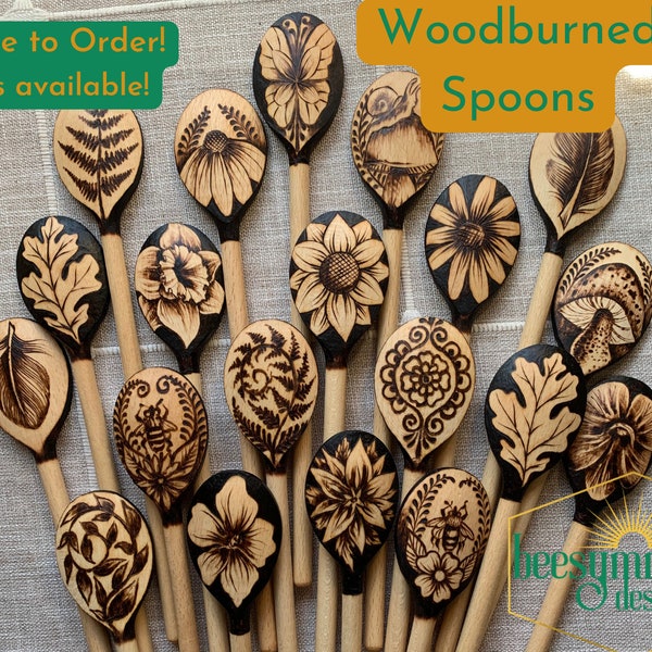 Woodburned Spoons - Nature designs, food safe wood wooden spoons for kitchen cooking cook handmade gifts housewarming matching sets