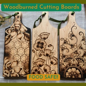 Woodburned Maple Cutting Board: Floral Mandala, Honeycomb, Poppies