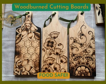 Cutting Boards- Magnolia Flowers, Honeycomb, Poppies, Floral Mandala Maple Woodburned Wooden Serving Board Charcuterie Hostess Gift