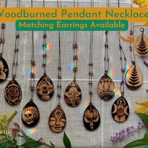 Wooden Pendant Necklaces- Woodburned Jewelry Inspired by Nature, Plants, Botanical, Skulls, Roses, Luna Moth, Copper Beaded and adjustable