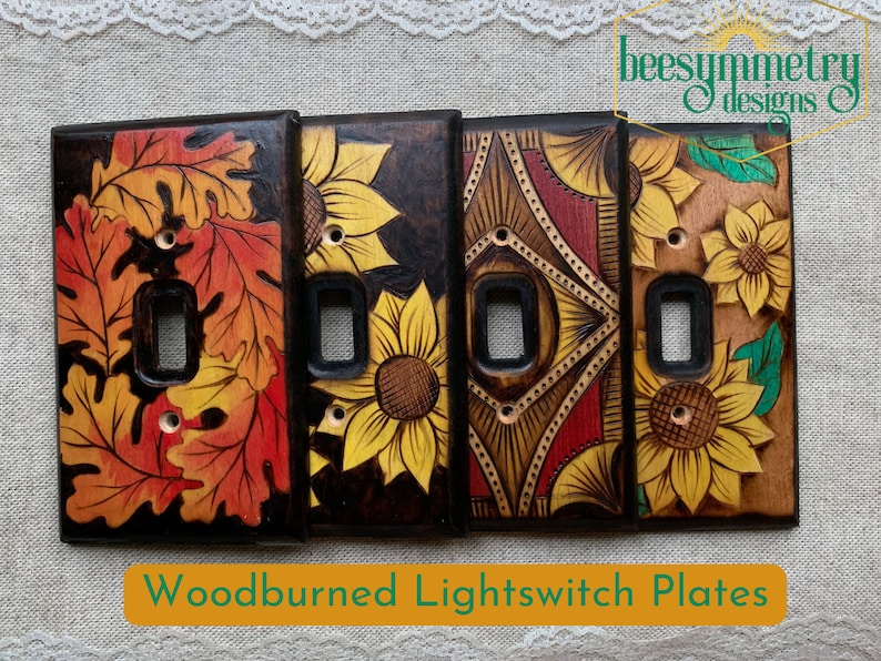 Lightswitch Covers Wood burned with oak leaves, sunflowers, earthy art deco designs Wooden Wall plate with pyrography light switch image 1