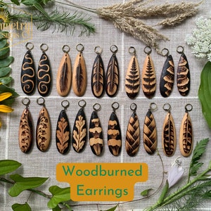 Long Wood Teardrop Earrings with Natural Designs, Feathers, Mushrooms, Ferns, Plants Wood burned Drop Dangle Wooden Boho Jewelry image 1