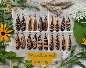 Long Wood Teardrop Earrings with Natural Designs, Feathers, Mushrooms, Ferns, Plants Wood burned Drop Dangle Wooden Boho Jewelry