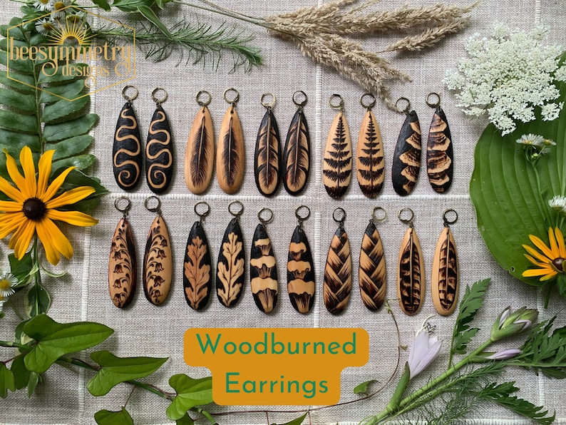 Long Wood Teardrop Earrings with Natural Designs, Feathers, Mushrooms, Ferns, Plants Wood burned Drop Dangle Wooden Boho Jewelry image 1