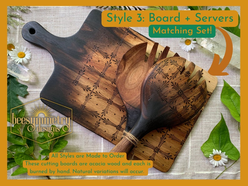 Holzgebrannte Schneidebretter, passendes Servierset, Salatbesteck aus Akazienholz und Charcuterie Board mit botanischen Blumenmandala-Designs Style 3 Matching Set