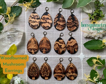 Mushroom Earrings Wooden Teardrops with Oyster, Morels, Chanterelles, Amanita, Shelf Polypore Mushrooms Wood burned Drop Dangle Wooden Boho