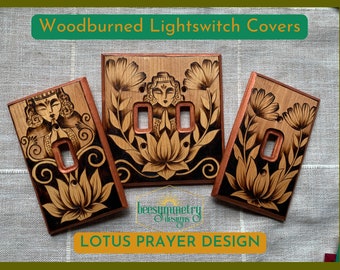 Lotus Prayer Lightswitch Covers - meditation Kuan Yin Buddhist statue Inner Peace Wood burned wall plate home decor pyrography light switch