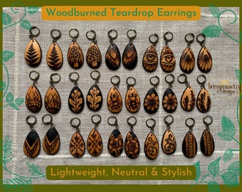 Wood Teardrop Earrings Woodburned Drop Lightweight Simple Dangle Wooden Earrings Boho Neutral Minimal Botanical