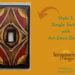 Lightswitch Covers Wood burned with oak leaves, sunflowers, earthy art deco designs Wooden Wall plate with pyrography light switch Style 3