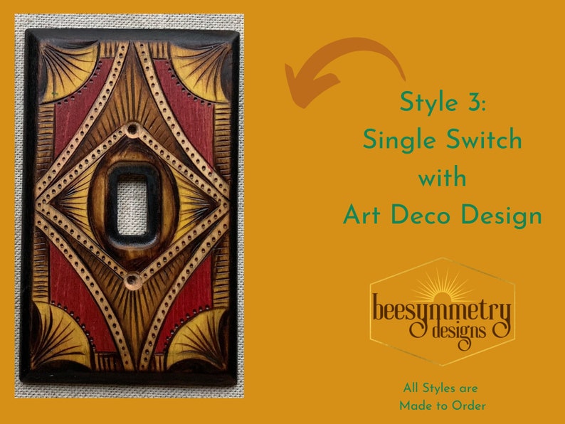 Lightswitch Covers Wood burned with oak leaves, sunflowers, earthy art deco designs Wooden Wall plate with pyrography light switch Style 3