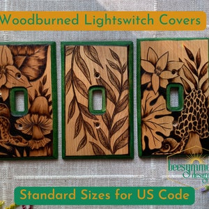 Spring Ephemerals Mushroom Lightswitch Covers Wood burned wall plate Wooden home decor pyrography light switch accents art morels