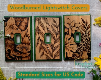 Spring Ephemerals Mushroom Lightswitch Covers Wood burned wall plate Wooden home decor pyrography light switch accents art morels
