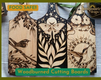 Cutting Boards- Luna Moth, Carolina Wren, Hummingbird and Morning Glories Maple Woodburned Wooden Serving Board Charcuterie Hostess Gift