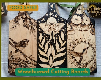 Cutting Boards- Luna Moth, Carolina Wren, Hummingbird and Morning Glories Maple Woodburned Wooden Serving Board Charcuterie Hostess Gift