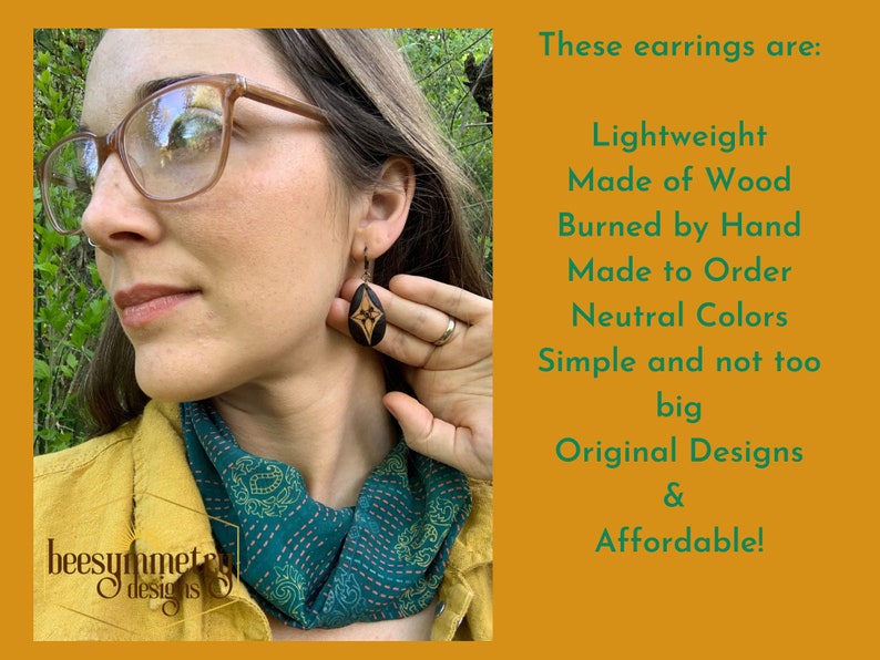 Wood Teardrop Earrings Geometric Designs Woodburned Drop Lightweight Simple Dangle Wooden Earrings Boho Pyrography image 7