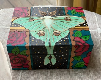 Luna Moth + Roses woodburned Box ~ Pyrography and Mixed Media Keepsake Jewelry Box~ Original Art Boho Magenta Mint Magical Folk Art Nature