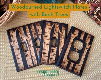 Lightswitch Covers Wood burned with birch tree rustic designs Wooden Wall plate with pyrography Double switch